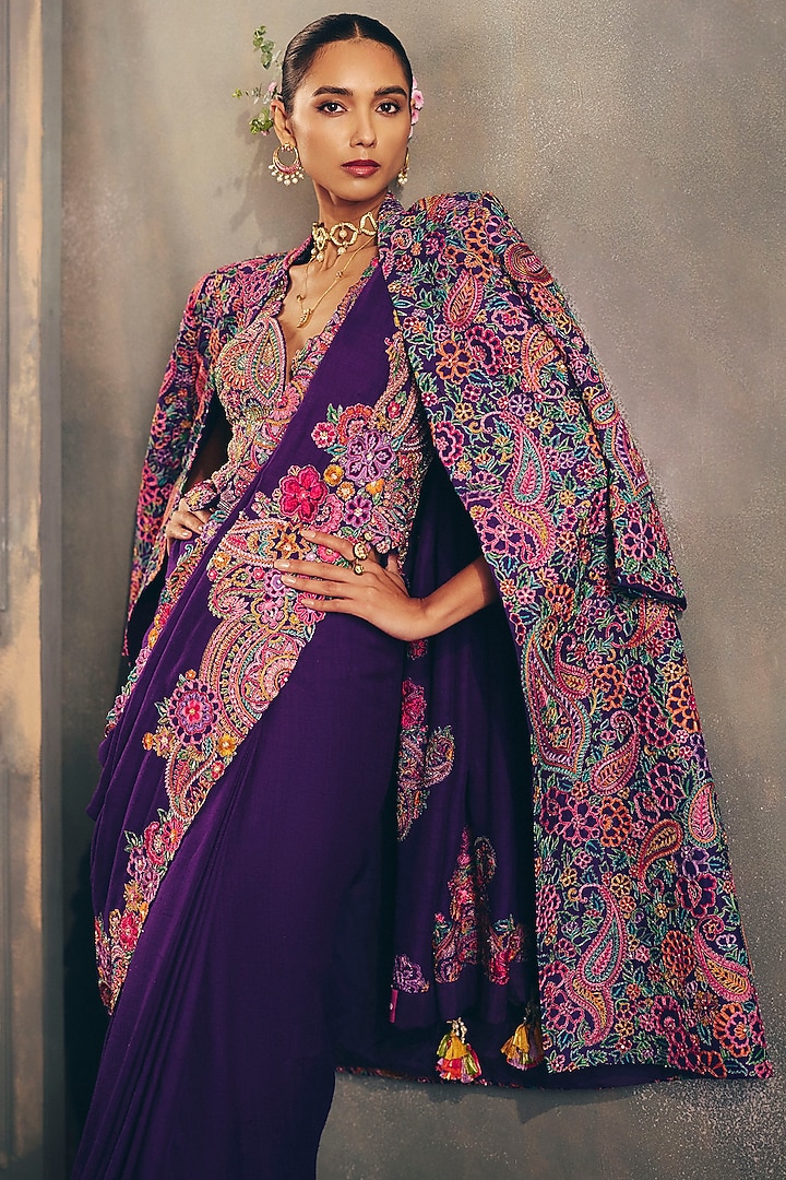 Purple Raw Silk Resham & Zardosi Embroidered Trench Coat by Mrunalini Rao at Pernia's Pop Up Shop