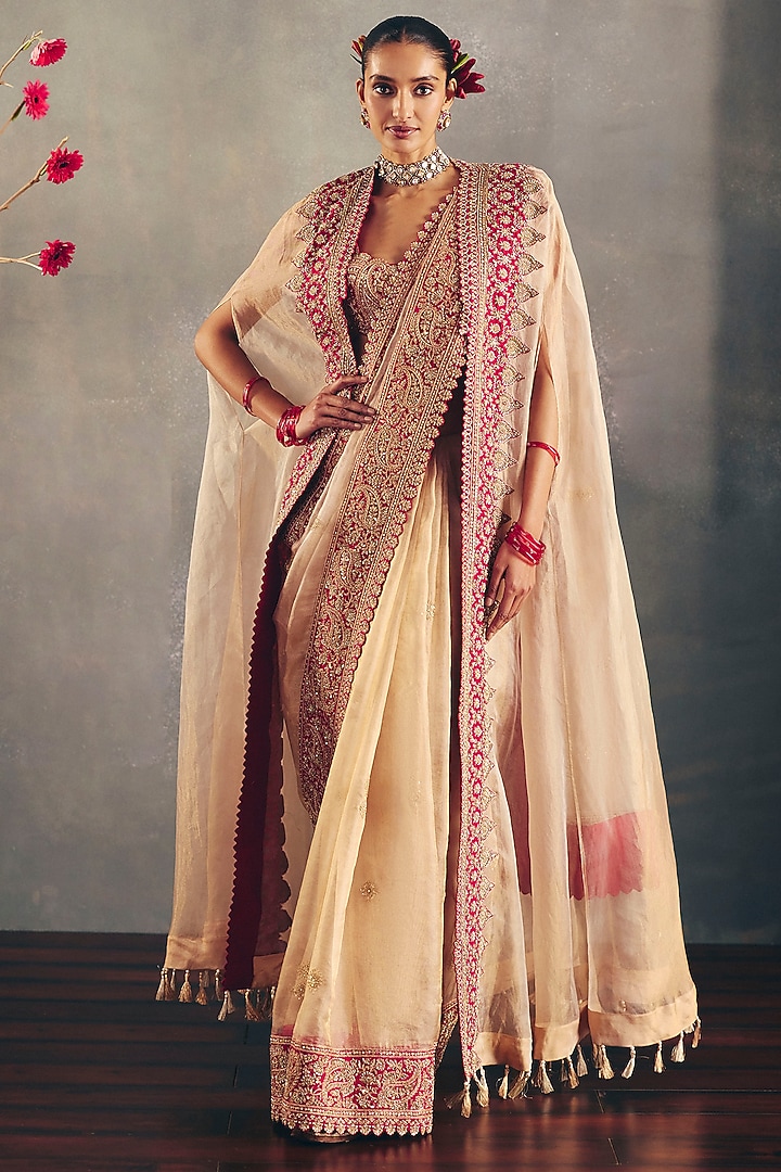 Gold & Red Tissue Zari Hand Embroidered Cape by Mrunalini Rao at Pernia's Pop Up Shop