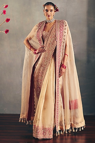 Gold & Red Tissue Zari Hand Embroidered Cape by Mrunalini Rao