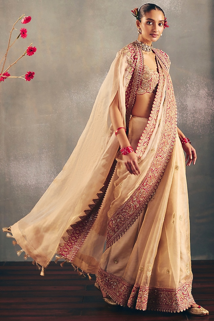 Gold & Red Tissue Zari Hand Embroidered Cape by Mrunalini Rao at Pernia's Pop Up Shop