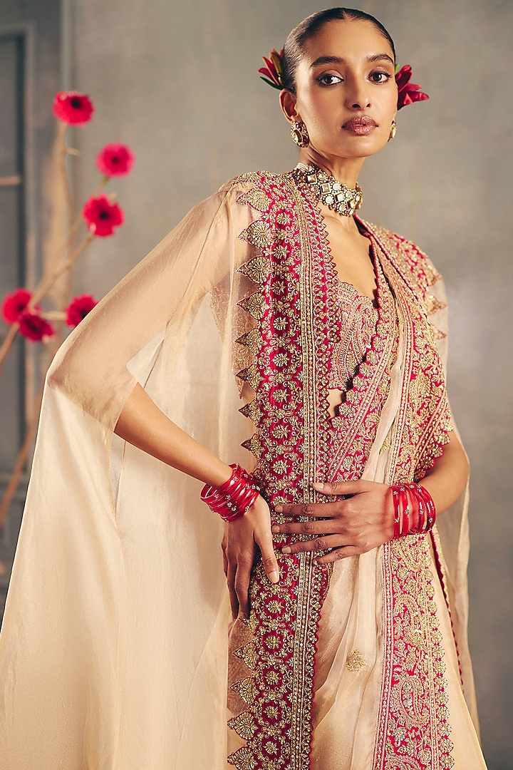 Gold & Red Tissue Zari Hand Embroidered Cape by Mrunalini Rao at Pernia's Pop Up Shop