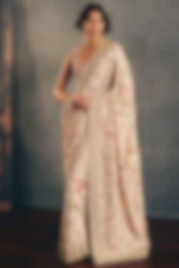 Ivory Raw Silk Floral Jaal & Zardosi Embroidered Bridal Saree Set by Mrunalini Rao at Pernia's Pop Up Shop