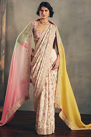 Multi-Colored Organza Zardosi Hand Embroidered Dupatta by Mrunalini Rao