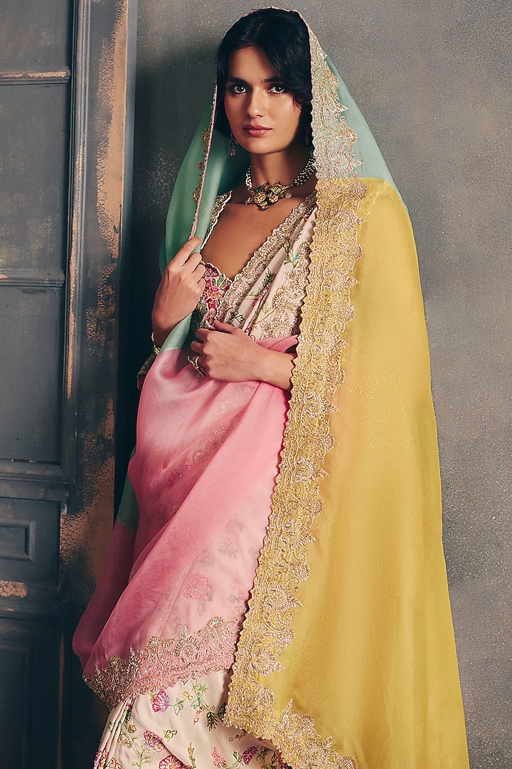 Multi-Colored Organza Zardosi Hand Embroidered Dupatta by Mrunalini Rao at Pernia's Pop Up Shop