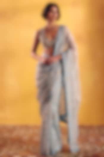 Ice Blue Organza Zardosi & Pearl Embroidered Bridal Saree Set by Mrunalini Rao at Pernia's Pop Up Shop