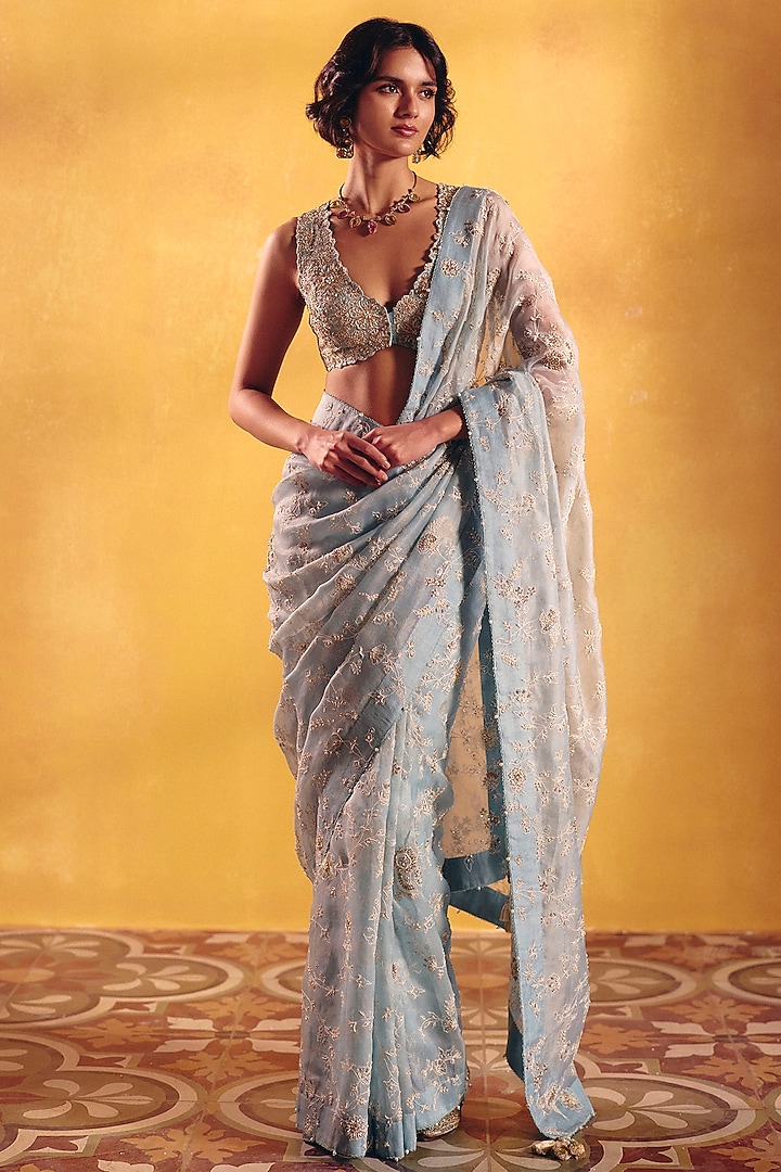 Ice Blue Organza Zardosi & Pearl Embroidered Bridal Saree Set by Mrunalini Rao at Pernia's Pop Up Shop