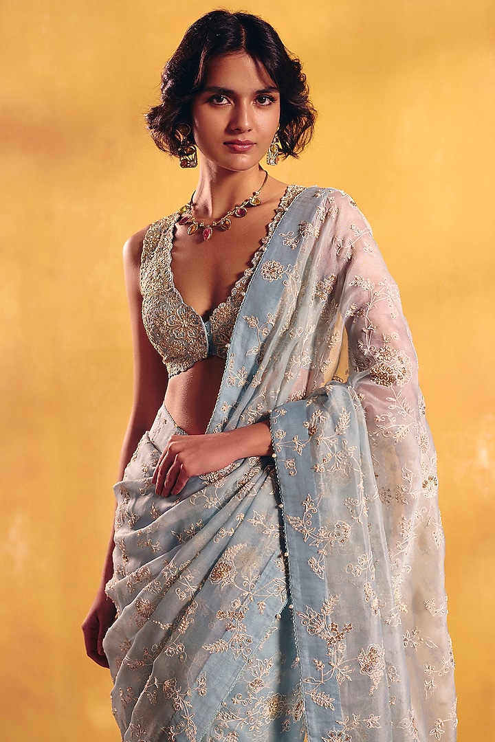 Ice Blue Organza Zardosi & Pearl Embroidered Bridal Saree Set by Mrunalini Rao at Pernia's Pop Up Shop