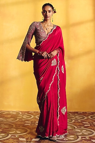 Red Silk Floral & Zardosi Embroidered Saree Set by Mrunalini Rao