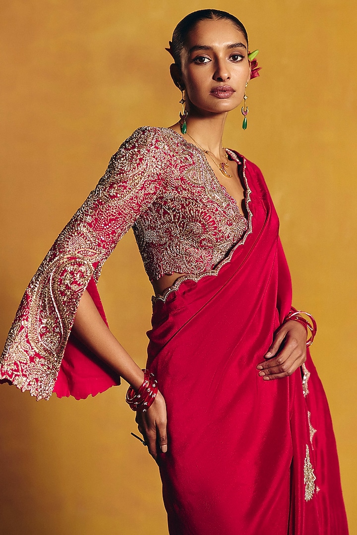 Red Silk Floral & Zardosi Embroidered Reception Saree Set by Mrunalini Rao at Pernia's Pop Up Shop