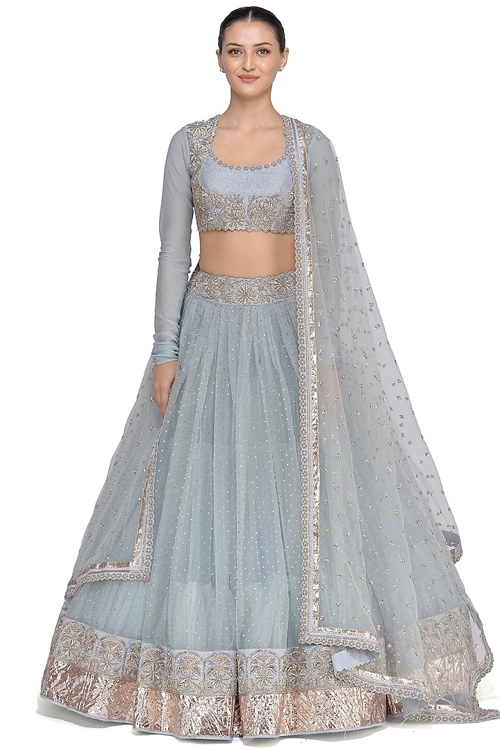 Ice Blue Embroidered Lehenga Set by Mrunalini Rao