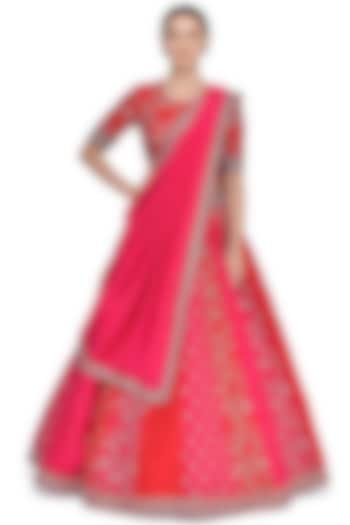 Red & Pink Embroidered Bridal Lehenga Set by Mrunalini Rao at Pernia's Pop Up Shop