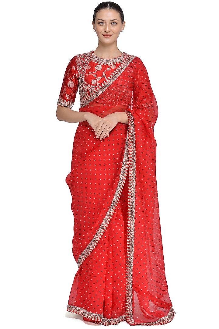 Red Embroidered Saree Set by Mrunalini Rao