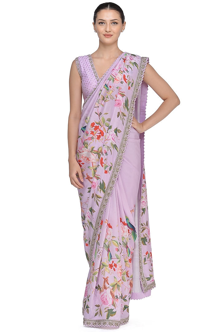 Lilac Printed Saree Set by Mrunalini Rao