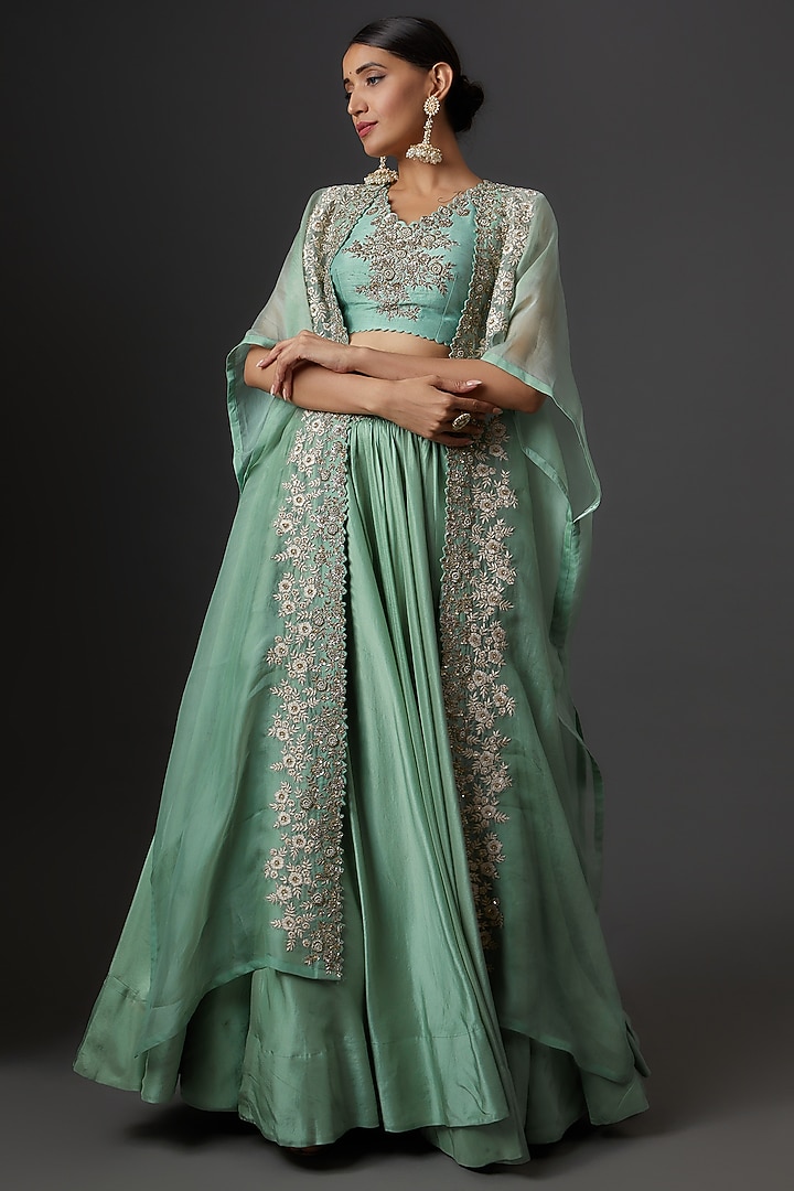 Powder Blue Raw Silk & Organza Embroidered Cape Set by Mrunalini Rao at Pernia's Pop Up Shop