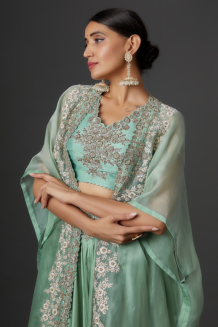 Powder Blue Raw Silk & Organza Embroidered Cape Set by Mrunalini Rao at Pernia's Pop Up Shop