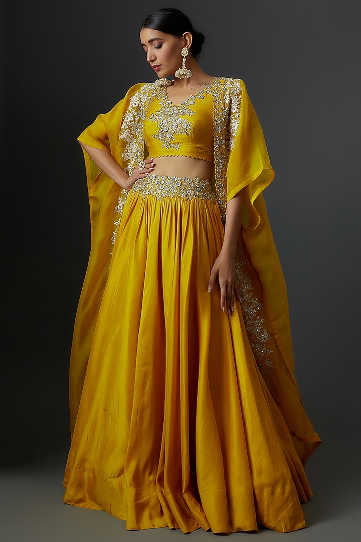 Yellow Raw Silk & Organza Embroidered Cape Set by Mrunalini Rao at Pernia's Pop Up Shop