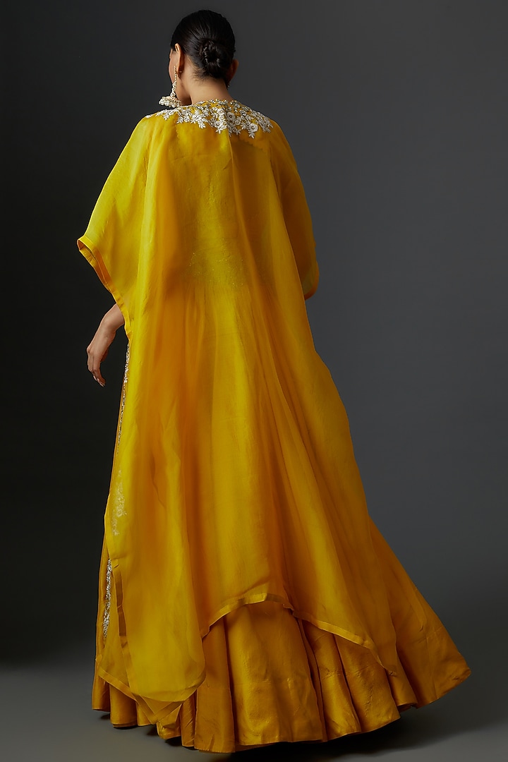 Yellow Raw Silk & Organza Embroidered Cape Set by Mrunalini Rao at Pernia's Pop Up Shop