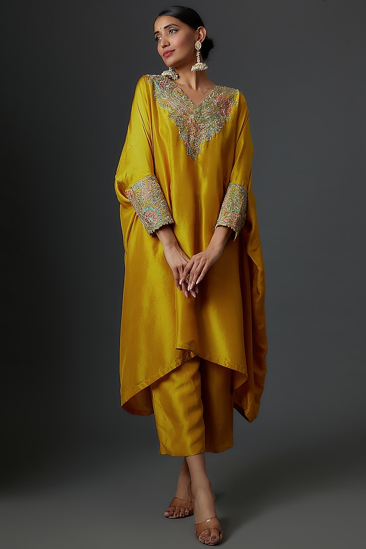 Yellow Pure Silk Embroidered Kaftan Set by Mrunalini Rao
