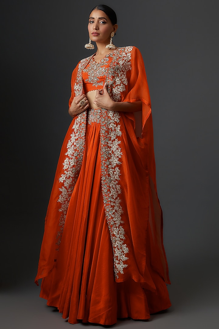 Orange Organza Embroidered Cape Set by Mrunalini Rao at Pernia's Pop Up Shop