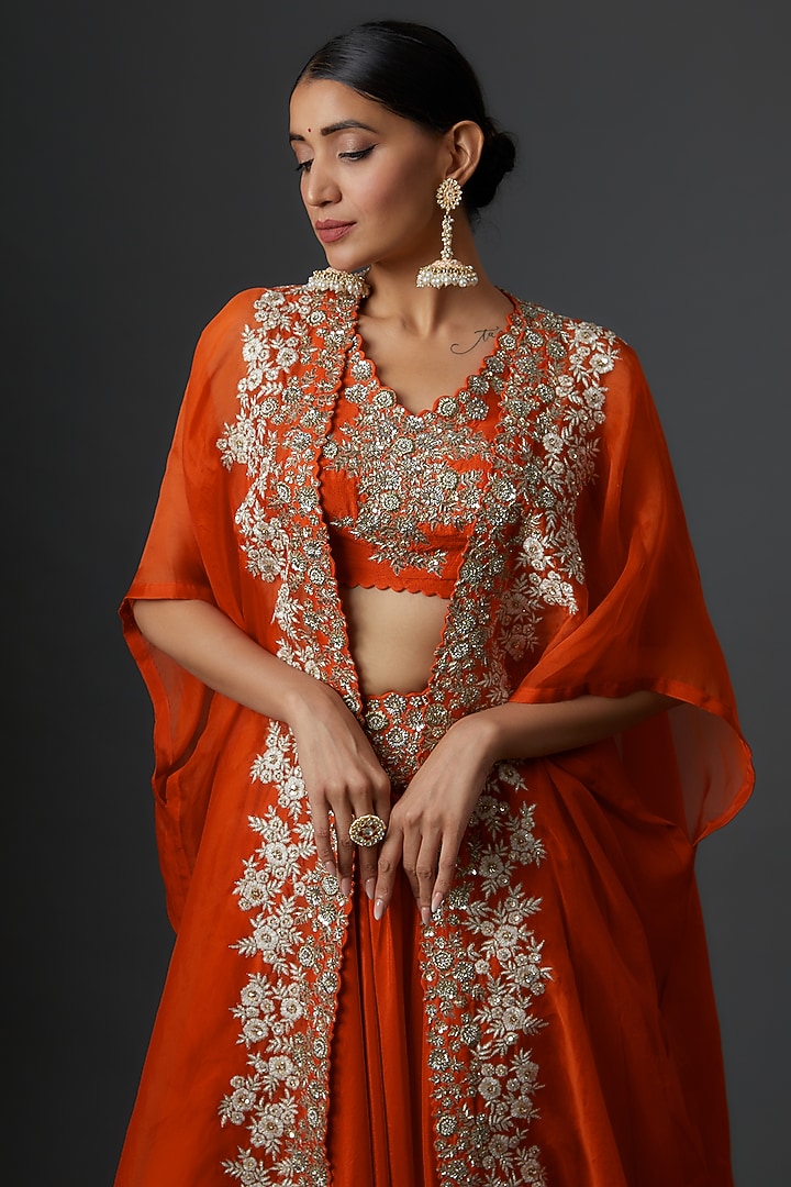 Orange Organza Embroidered Cape Set by Mrunalini Rao at Pernia's Pop Up Shop