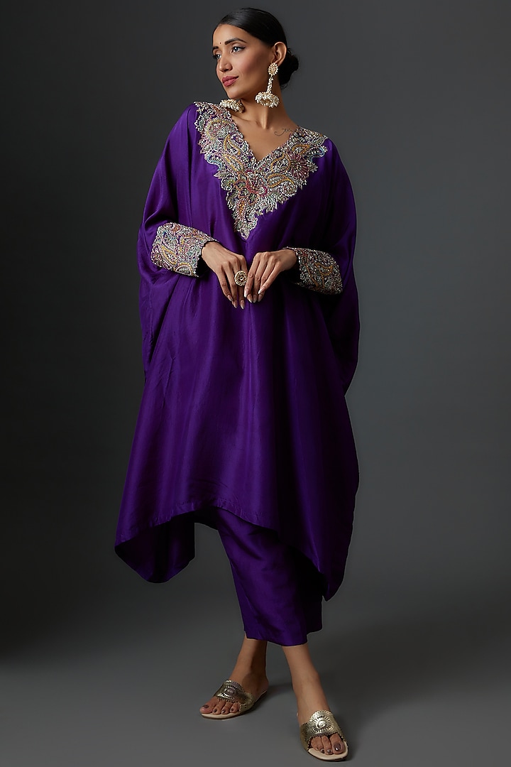 Purple Pure Silk Embroidered Kaftan Set by Mrunalini Rao at Pernia's Pop Up Shop