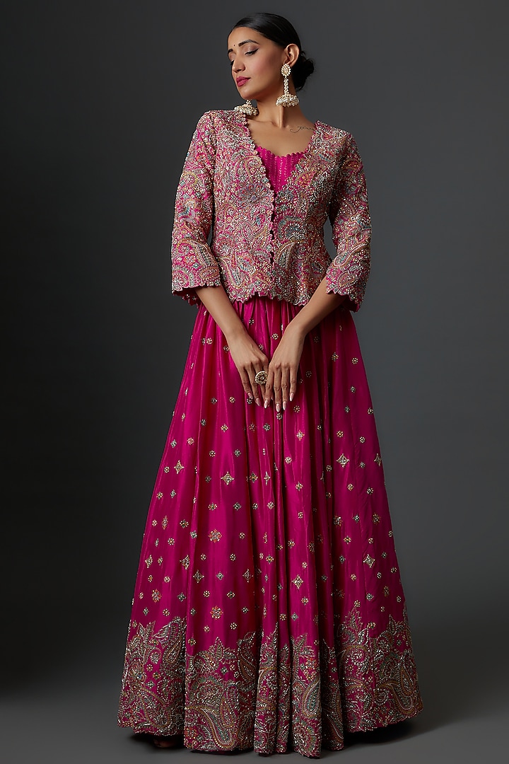 Pink Pure Silk Embroidered Jacket Bridal Lehenga Set by Mrunalini Rao at Pernia's Pop Up Shop