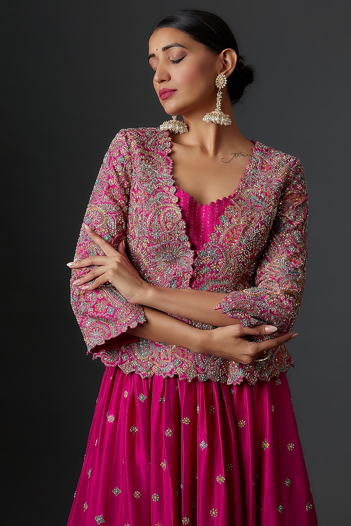 Pink Pure Silk Embroidered Jacket Bridal Lehenga Set by Mrunalini Rao at Pernia's Pop Up Shop