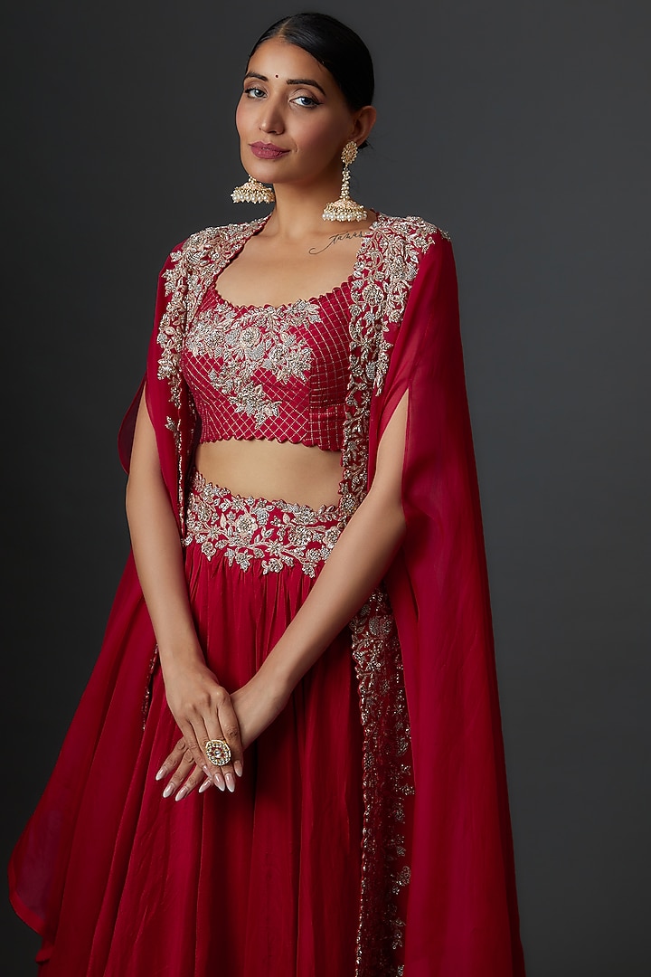 Red Organza Embroidered Cape Set by Mrunalini Rao at Pernia's Pop Up Shop