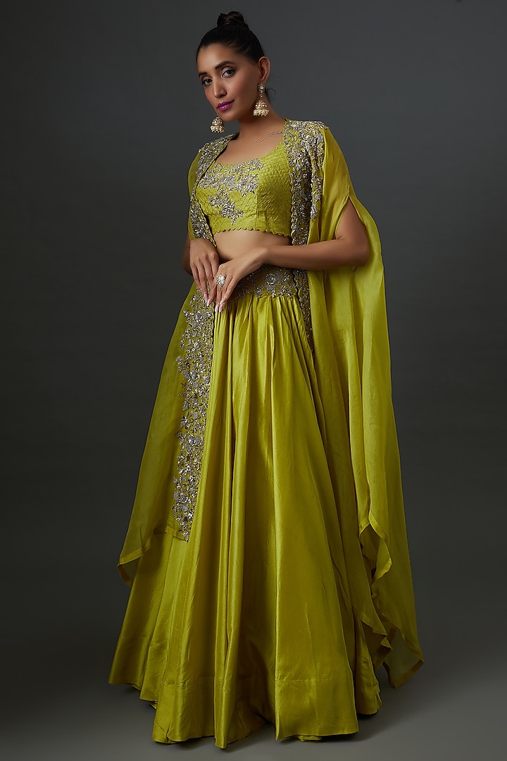Yellow Organza Embroidered Cape Set by Mrunalini Rao at Pernia's Pop Up Shop