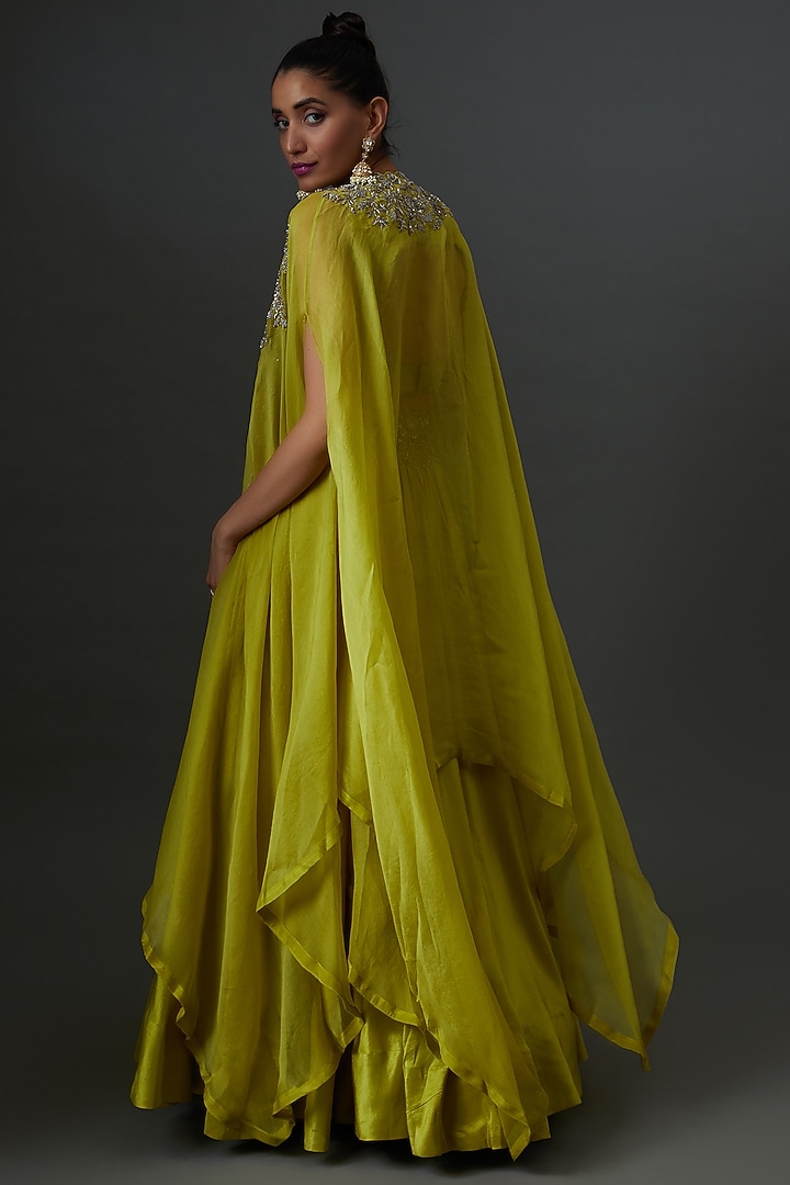 Yellow Organza Embroidered Cape Set by Mrunalini Rao at Pernia's Pop Up Shop