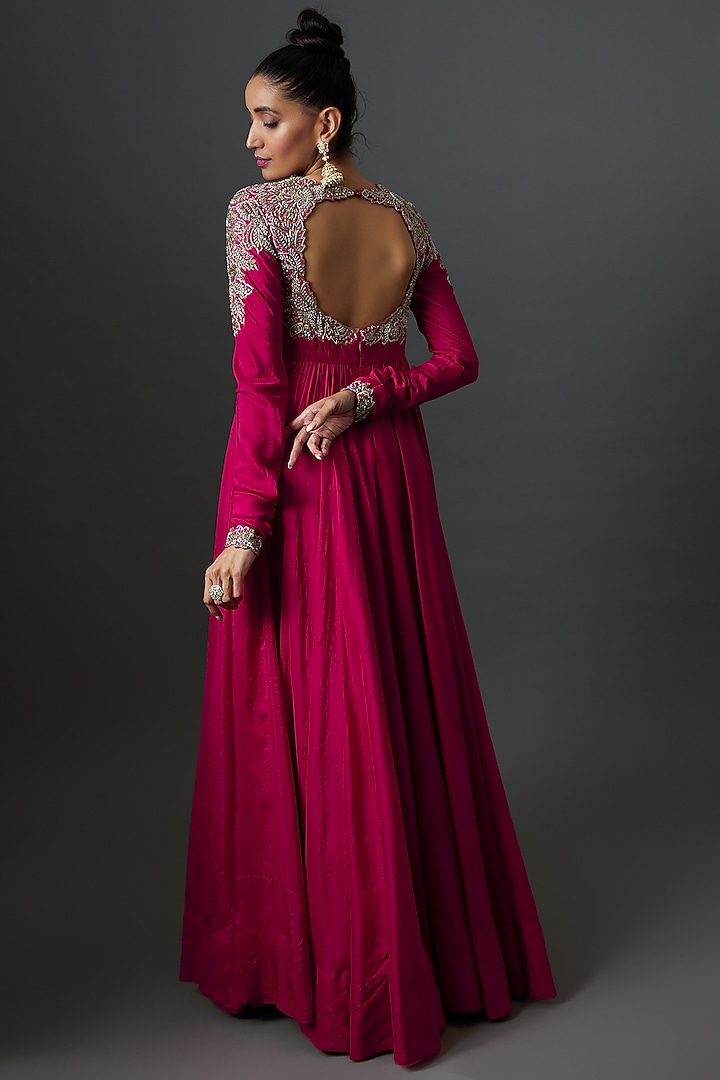 Pink Raw Silk Zardosi Embroidered Bridal Anarkali Set by Mrunalini Rao at Pernia's Pop Up Shop