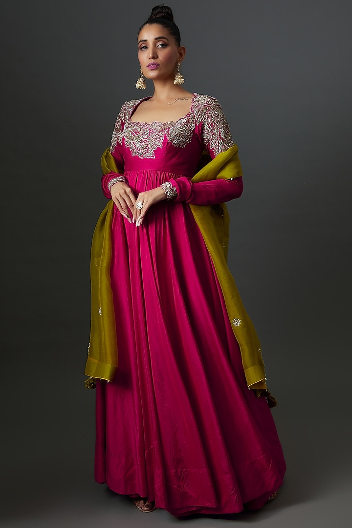 Pink Raw Silk Zardosi Embroidered Bridal Anarkali Set by Mrunalini Rao at Pernia's Pop Up Shop