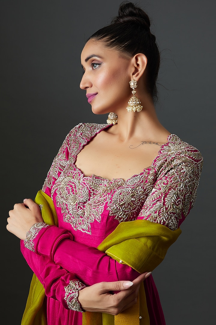 Pink Raw Silk Zardosi Embroidered Bridal Anarkali Set by Mrunalini Rao at Pernia's Pop Up Shop