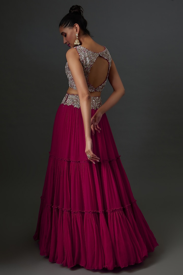 Pink Chiffon Tiered Wedding Lehenga Set by Mrunalini Rao at Pernia's Pop Up Shop