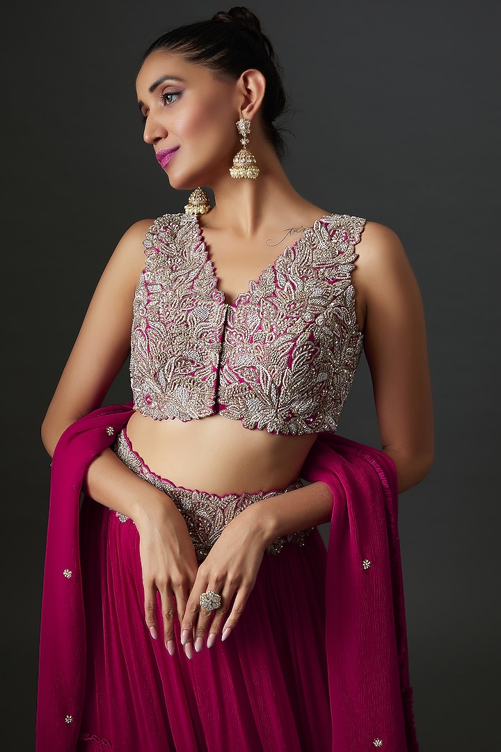 Pink Chiffon Tiered Wedding Lehenga Set by Mrunalini Rao at Pernia's Pop Up Shop