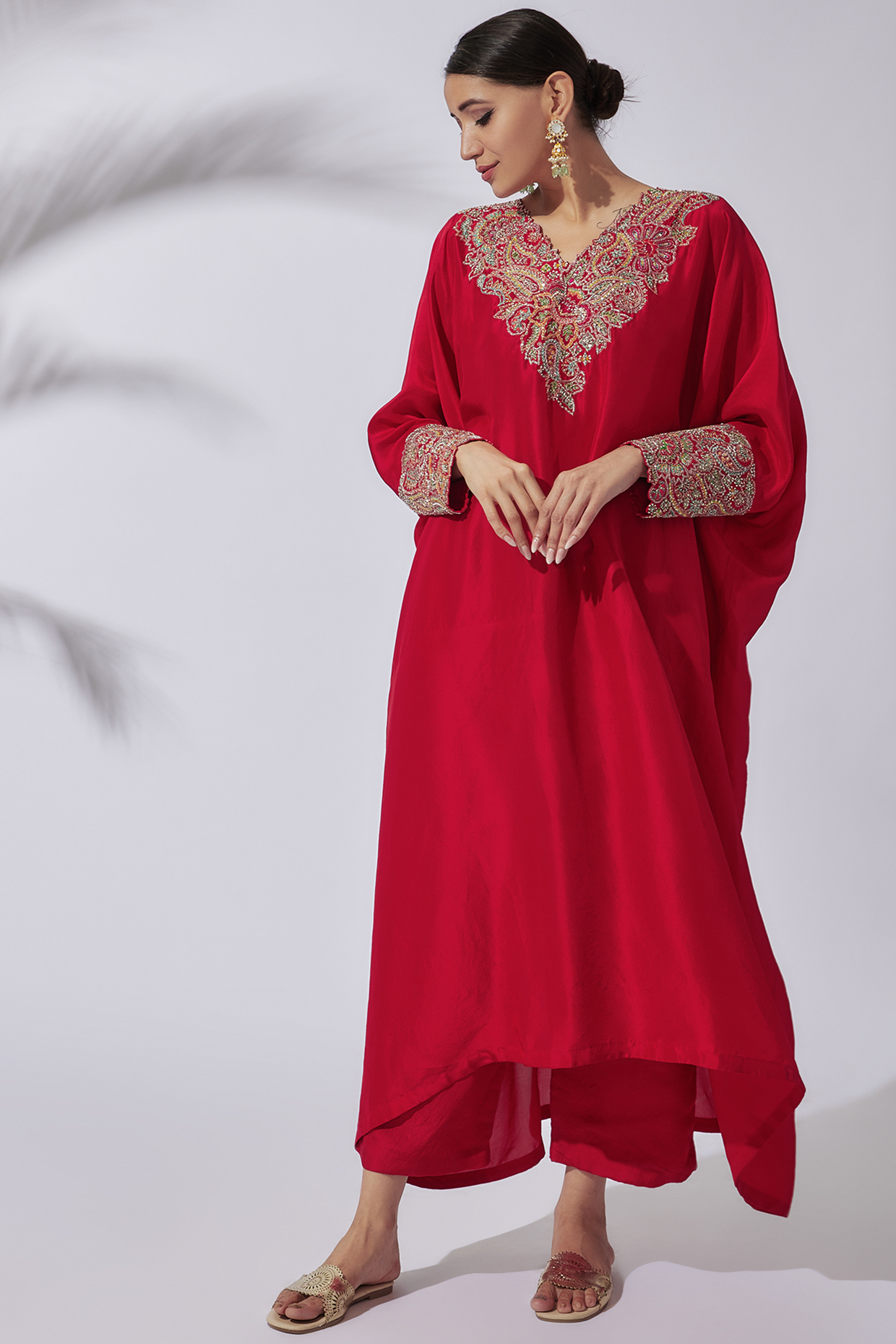 Red Pure Silk Embroidered Kaftan Set by Mrunalini Rao at Pernia's Pop Up Shop