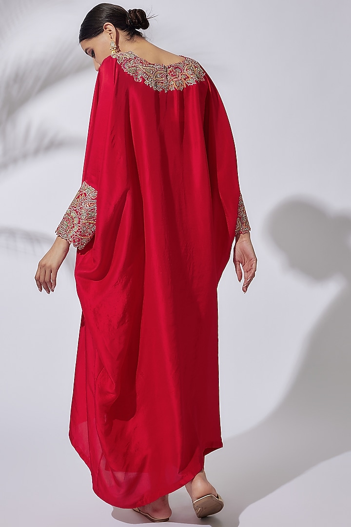 Red Pure Silk Embroidered Kaftan Set by Mrunalini Rao at Pernia's Pop Up Shop