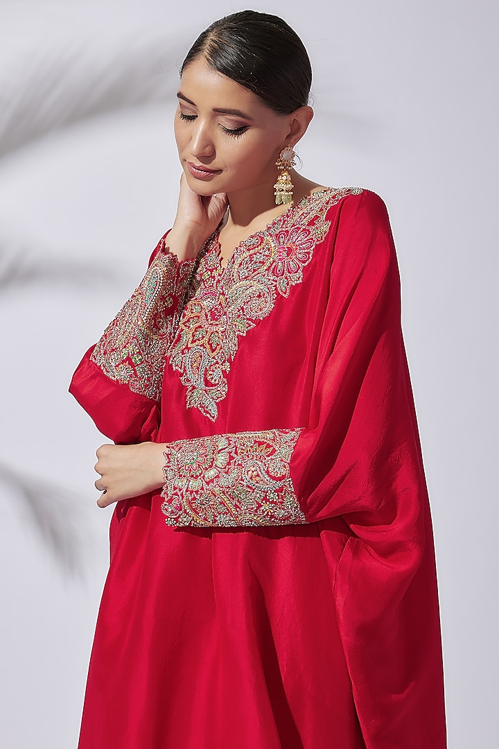 Red Pure Silk Embroidered Kaftan Set by Mrunalini Rao at Pernia's Pop Up Shop