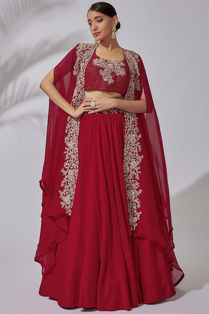 Red Pure Silk Lehenga Set by Mrunalini Rao