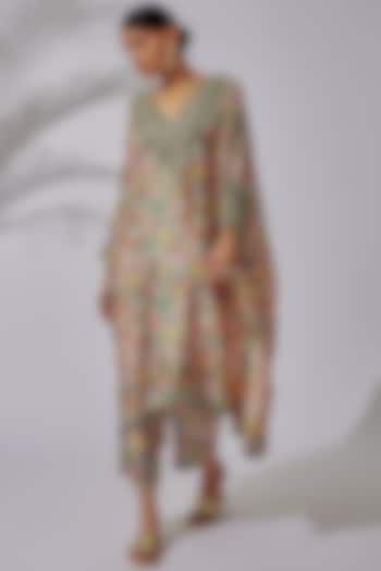 Multi-colored Pure Silk Printed & Embroidered Kaftan Set by Mrunalini Rao at Pernia's Pop Up Shop