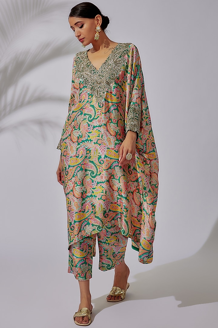 Multi-colored Pure Silk Printed & Embroidered Kaftan Set by Mrunalini Rao