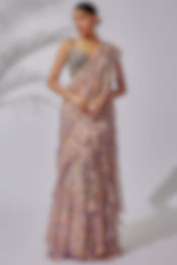 Lilac Chiffon Printed Pre-Draped Ruffled Saree Set by Mrunalini Rao