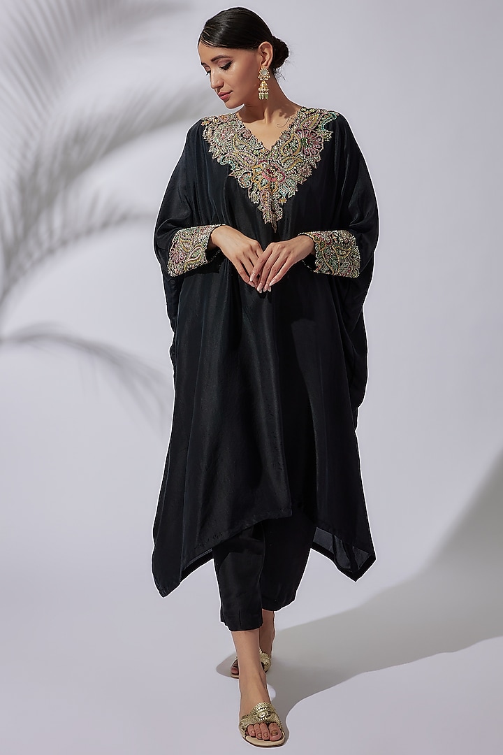 Black Pure Silk Embroidered Kaftan Set by Mrunalini Rao