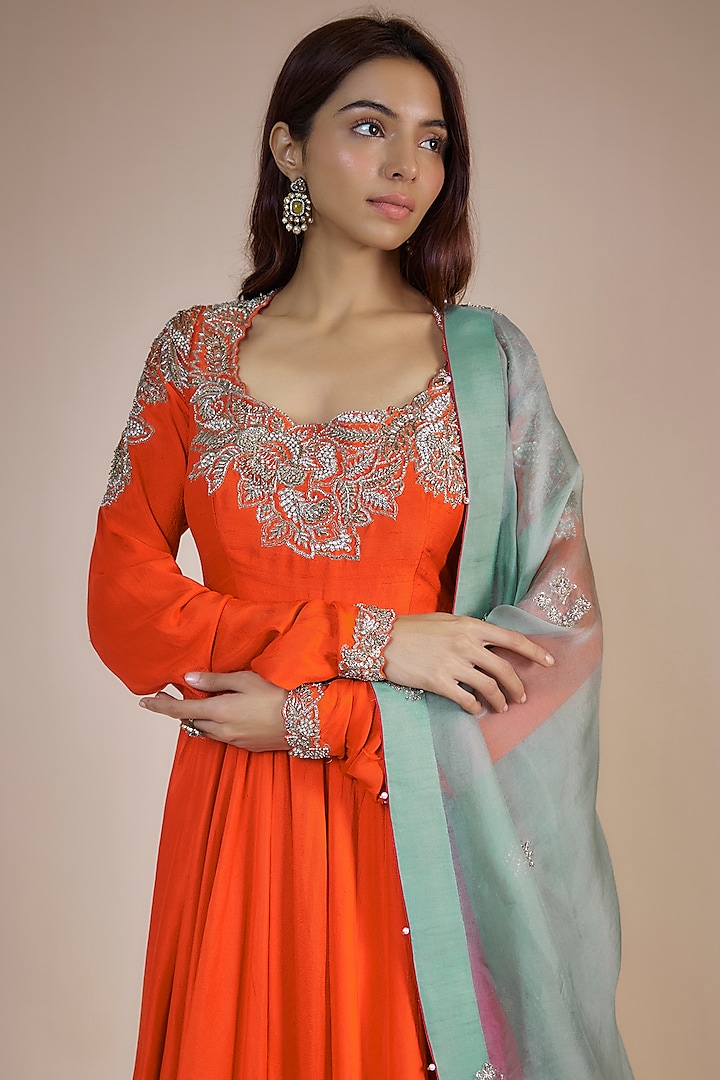 Orange Raw Silk & Pure Silk Bridal Anarkali Set by Mrunalini Rao at Pernia's Pop Up Shop