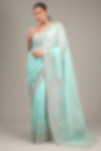 Sea Green Organza Resham & Zardosi Embroidered Bridal Saree Set by Mrunalini Rao at Pernia's Pop Up Shop