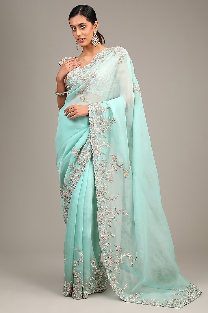 Sea Green Organza Resham & Zardosi Embroidered Bridal Saree Set by Mrunalini Rao at Pernia's Pop Up Shop