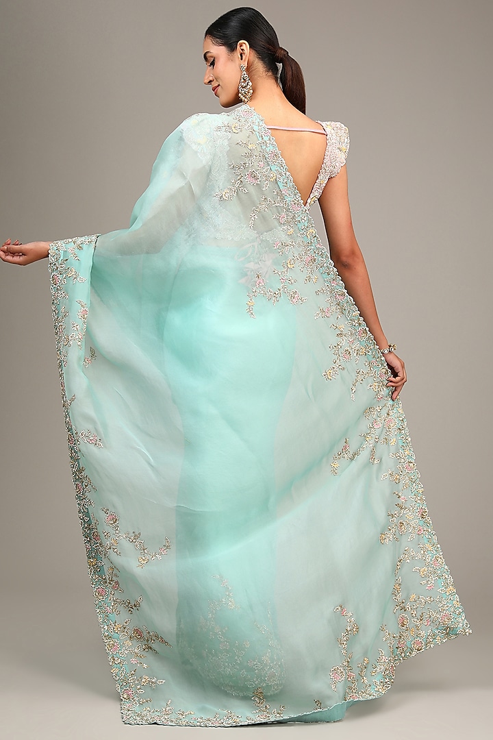 Sea Green Organza Resham & Zardosi Embroidered Bridal Saree Set by Mrunalini Rao at Pernia's Pop Up Shop