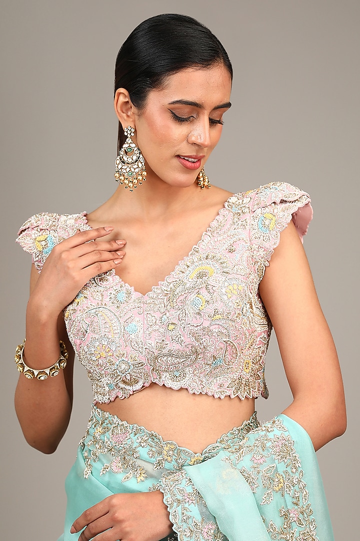 Sea Green Organza Resham & Zardosi Embroidered Bridal Saree Set by Mrunalini Rao at Pernia's Pop Up Shop