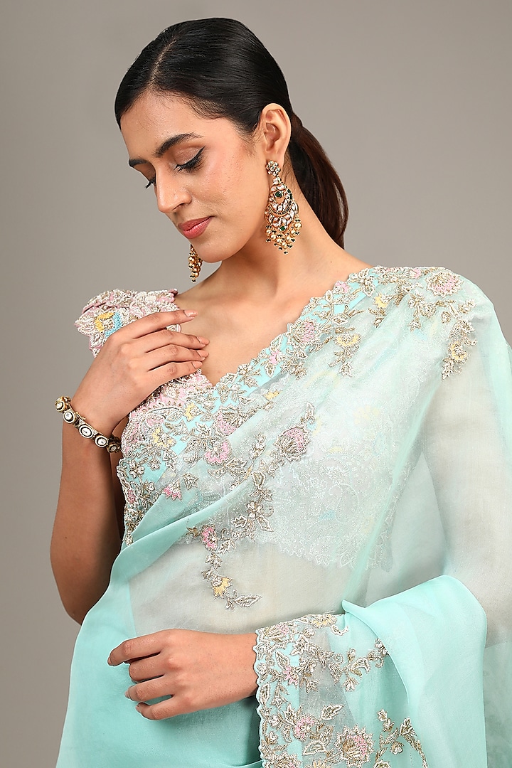 Sea Green Organza Resham & Zardosi Embroidered Bridal Saree Set by Mrunalini Rao at Pernia's Pop Up Shop