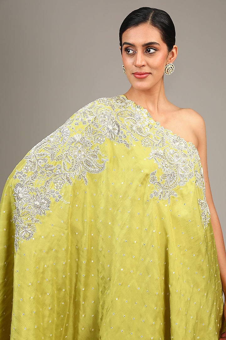 Lime Green Pure Silk Resham & Pearl Hand Embroidered One-Shoulder Kaftan Set by Mrunalini Rao at Pernia's Pop Up Shop